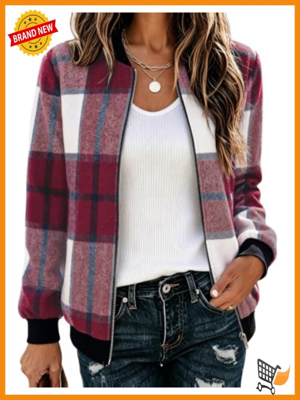 Womens Plaid Flannel Bomber Jacket Zip Up Lightweight